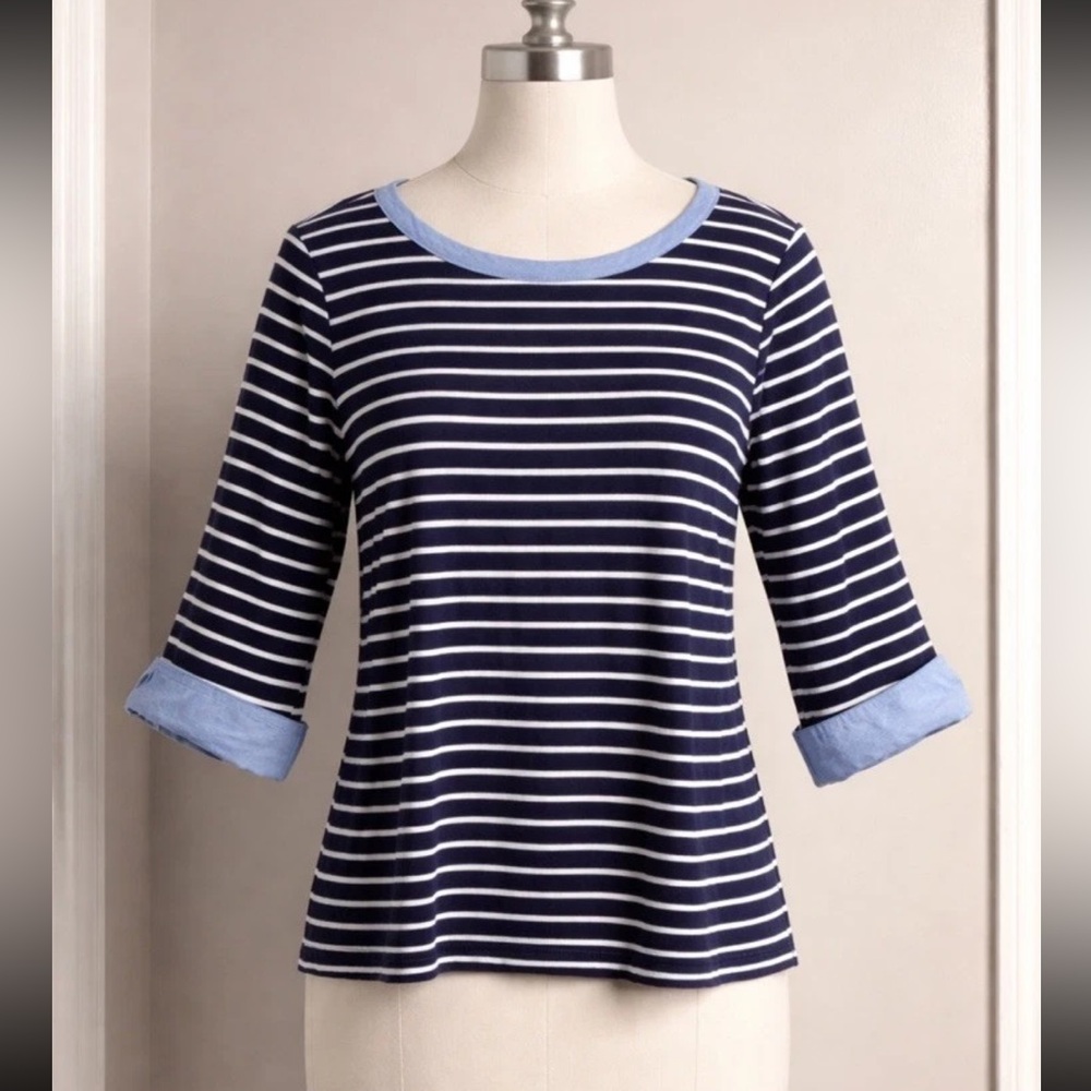 Nautica Navy & White Striped Tee Light Blue Trim Coastal 3/4 Roll Sleeves